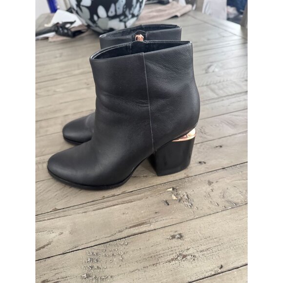 ALEXANDER WANG Gabi Black Leather Booties Rose Gold Cutout Heel Ankle Boots 37 - Picture 3 of 11